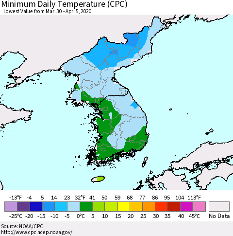 Korea Minimum Daily Temperature (CPC) Thematic Map For 3/30/2020 - 4/5/2020