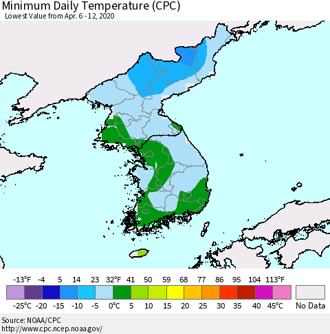 Korea Minimum Daily Temperature (CPC) Thematic Map For 4/6/2020 - 4/12/2020