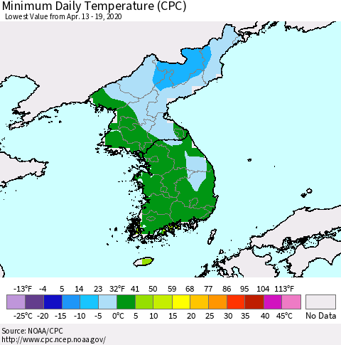 Korea Minimum Daily Temperature (CPC) Thematic Map For 4/13/2020 - 4/19/2020