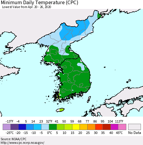 Korea Minimum Daily Temperature (CPC) Thematic Map For 4/20/2020 - 4/26/2020