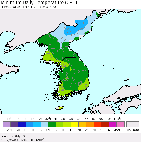 Korea Minimum Daily Temperature (CPC) Thematic Map For 4/27/2020 - 5/3/2020