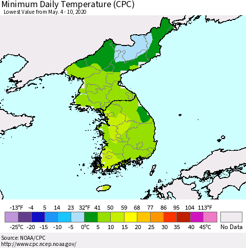 Korea Minimum Daily Temperature (CPC) Thematic Map For 5/4/2020 - 5/10/2020