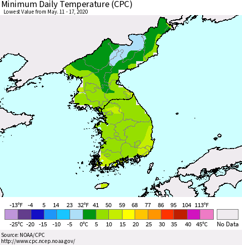 Korea Minimum Daily Temperature (CPC) Thematic Map For 5/11/2020 - 5/17/2020