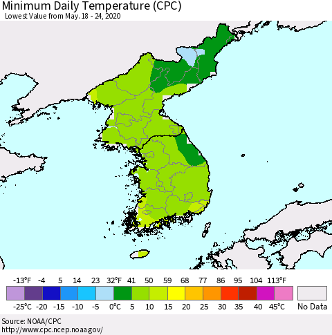Korea Minimum Daily Temperature (CPC) Thematic Map For 5/18/2020 - 5/24/2020