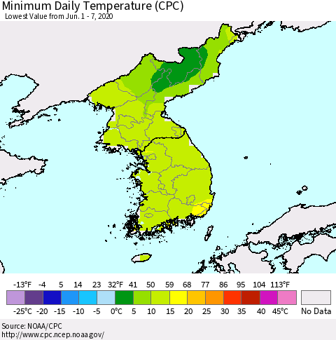 Korea Minimum Daily Temperature (CPC) Thematic Map For 6/1/2020 - 6/7/2020
