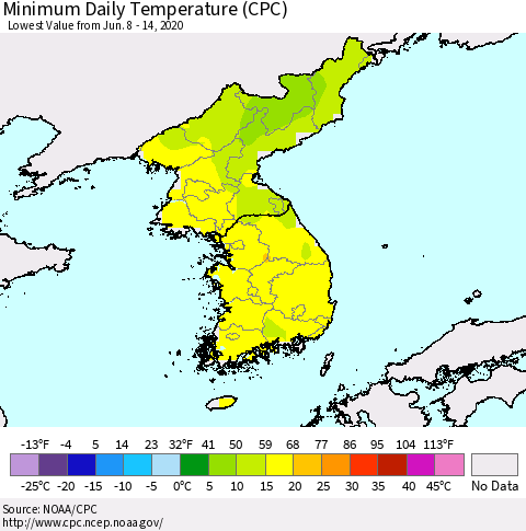 Korea Minimum Daily Temperature (CPC) Thematic Map For 6/8/2020 - 6/14/2020