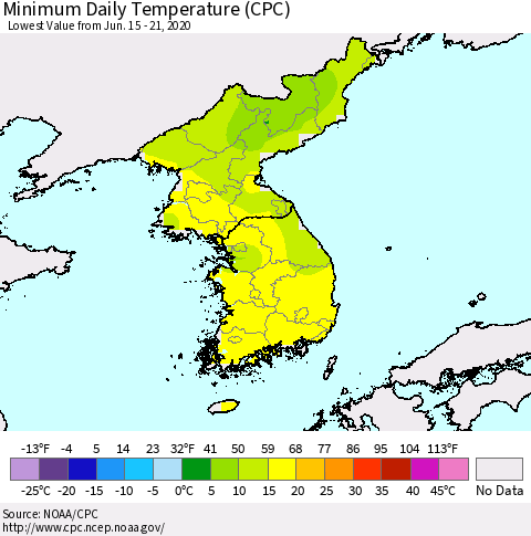 Korea Minimum Daily Temperature (CPC) Thematic Map For 6/15/2020 - 6/21/2020