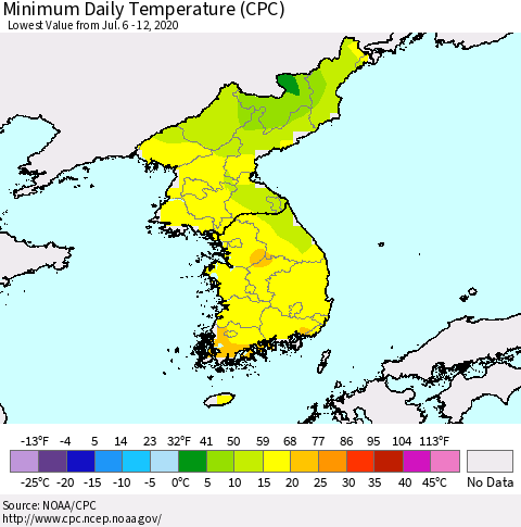 Korea Minimum Daily Temperature (CPC) Thematic Map For 7/6/2020 - 7/12/2020