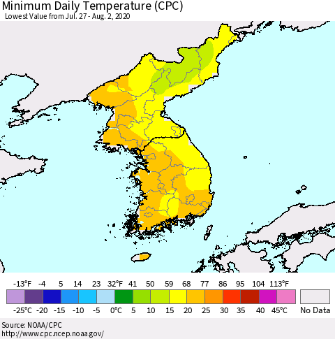 Korea Minimum Daily Temperature (CPC) Thematic Map For 7/27/2020 - 8/2/2020