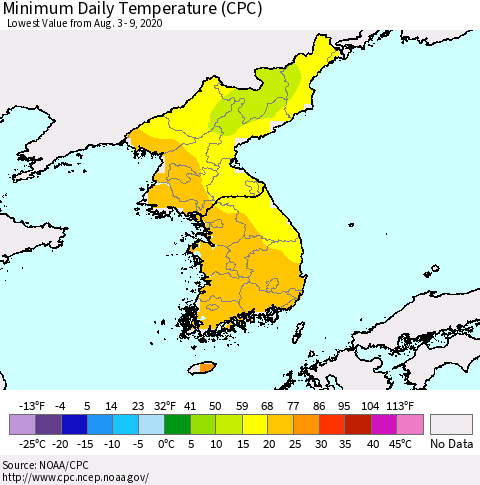 Korea Minimum Daily Temperature (CPC) Thematic Map For 8/3/2020 - 8/9/2020