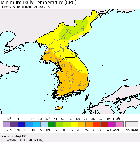 Korea Minimum Daily Temperature (CPC) Thematic Map For 8/24/2020 - 8/30/2020