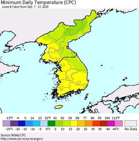 Korea Minimum Daily Temperature (CPC) Thematic Map For 9/7/2020 - 9/13/2020