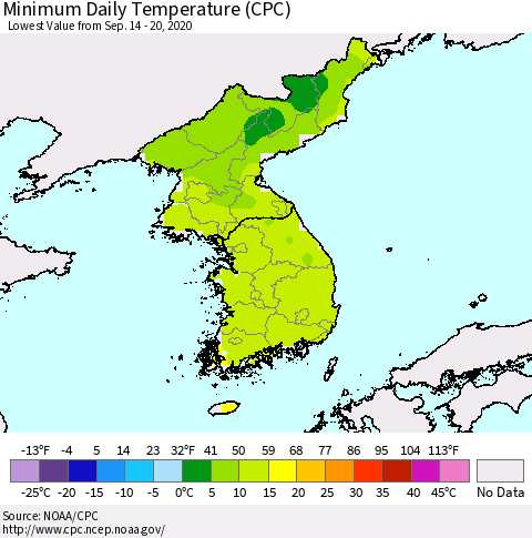 Korea Minimum Daily Temperature (CPC) Thematic Map For 9/14/2020 - 9/20/2020