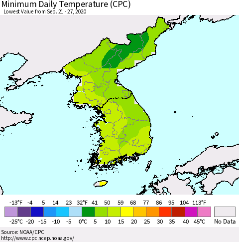 Korea Minimum Daily Temperature (CPC) Thematic Map For 9/21/2020 - 9/27/2020