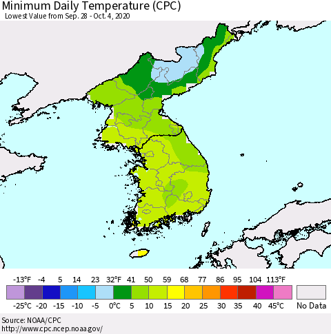 Korea Minimum Daily Temperature (CPC) Thematic Map For 9/28/2020 - 10/4/2020
