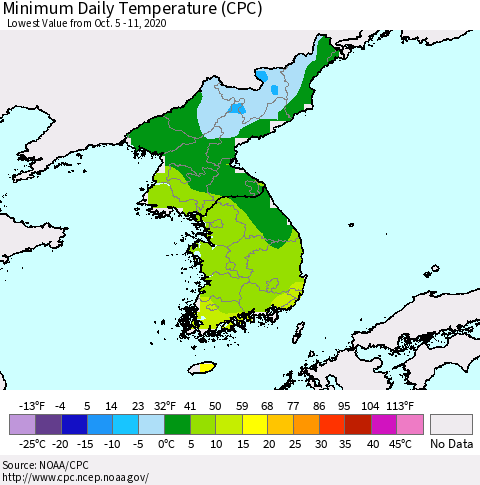 Korea Minimum Daily Temperature (CPC) Thematic Map For 10/5/2020 - 10/11/2020