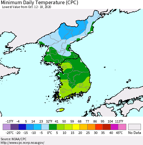 Korea Minimum Daily Temperature (CPC) Thematic Map For 10/12/2020 - 10/18/2020