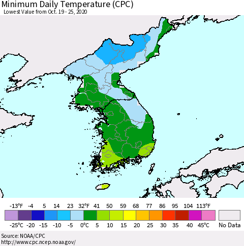 Korea Minimum Daily Temperature (CPC) Thematic Map For 10/19/2020 - 10/25/2020