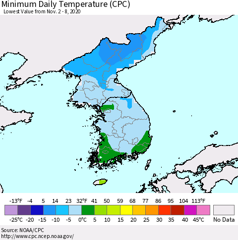 Korea Minimum Daily Temperature (CPC) Thematic Map For 11/2/2020 - 11/8/2020