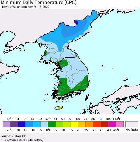 Korea Minimum Daily Temperature (CPC) Thematic Map For 11/9/2020 - 11/15/2020