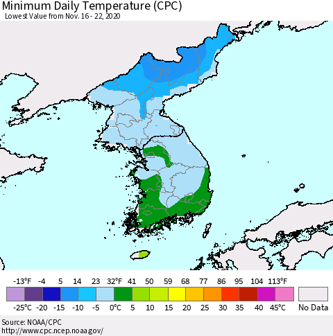 Korea Minimum Daily Temperature (CPC) Thematic Map For 11/16/2020 - 11/22/2020