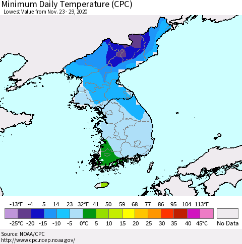 Korea Minimum Daily Temperature (CPC) Thematic Map For 11/23/2020 - 11/29/2020