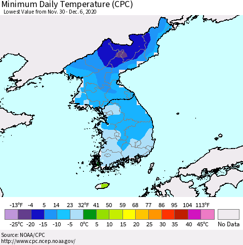 Korea Minimum Daily Temperature (CPC) Thematic Map For 11/30/2020 - 12/6/2020