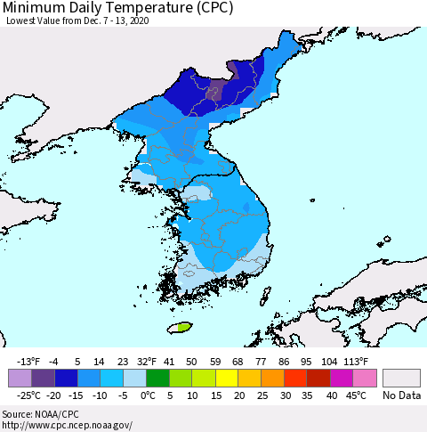 Korea Minimum Daily Temperature (CPC) Thematic Map For 12/7/2020 - 12/13/2020