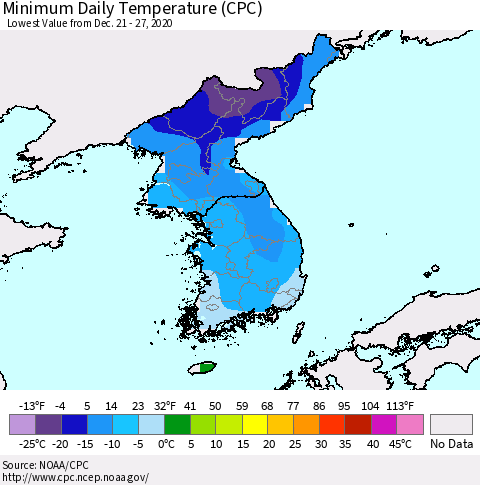 Korea Minimum Daily Temperature (CPC) Thematic Map For 12/21/2020 - 12/27/2020