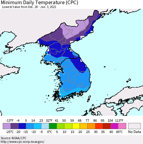 Korea Minimum Daily Temperature (CPC) Thematic Map For 12/28/2020 - 1/3/2021