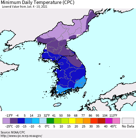 Korea Minimum Daily Temperature (CPC) Thematic Map For 1/4/2021 - 1/10/2021