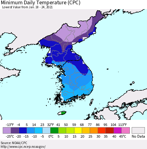 Korea Minimum Daily Temperature (CPC) Thematic Map For 1/18/2021 - 1/24/2021