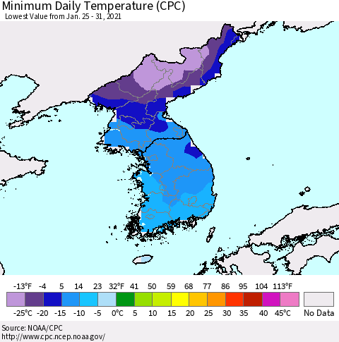 Korea Minimum Daily Temperature (CPC) Thematic Map For 1/25/2021 - 1/31/2021