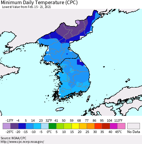 Korea Minimum Daily Temperature (CPC) Thematic Map For 2/15/2021 - 2/21/2021
