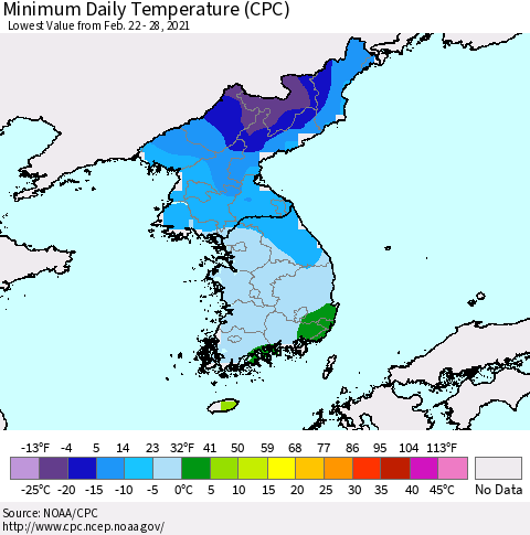 Korea Minimum Daily Temperature (CPC) Thematic Map For 2/22/2021 - 2/28/2021