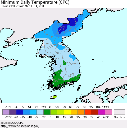 Korea Minimum Daily Temperature (CPC) Thematic Map For 3/8/2021 - 3/14/2021
