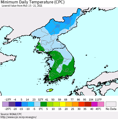 Korea Minimum Daily Temperature (CPC) Thematic Map For 3/15/2021 - 3/21/2021