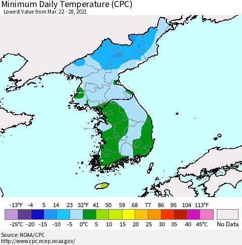 Korea Minimum Daily Temperature (CPC) Thematic Map For 3/22/2021 - 3/28/2021