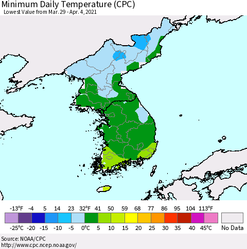 Korea Minimum Daily Temperature (CPC) Thematic Map For 3/29/2021 - 4/4/2021