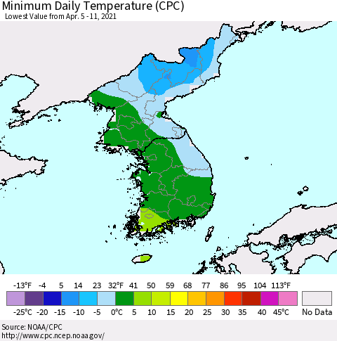 Korea Minimum Daily Temperature (CPC) Thematic Map For 4/5/2021 - 4/11/2021