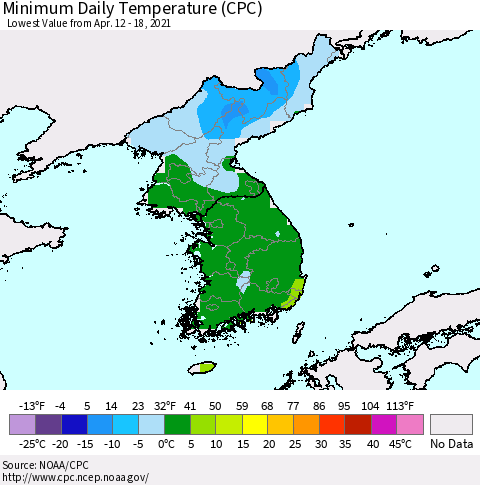 Korea Minimum Daily Temperature (CPC) Thematic Map For 4/12/2021 - 4/18/2021