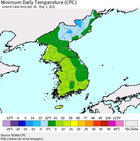 Korea Minimum Daily Temperature (CPC) Thematic Map For 4/26/2021 - 5/2/2021