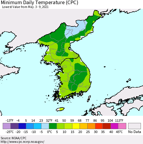 Korea Minimum Daily Temperature (CPC) Thematic Map For 5/3/2021 - 5/9/2021