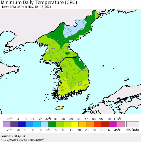 Korea Minimum Daily Temperature (CPC) Thematic Map For 5/10/2021 - 5/16/2021