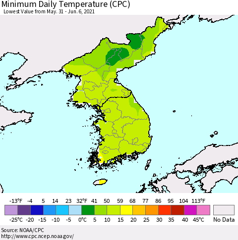 Korea Minimum Daily Temperature (CPC) Thematic Map For 5/31/2021 - 6/6/2021