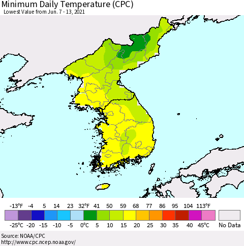 Korea Minimum Daily Temperature (CPC) Thematic Map For 6/7/2021 - 6/13/2021