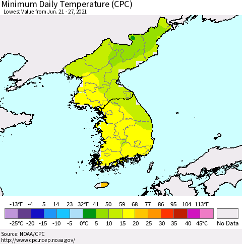 Korea Minimum Daily Temperature (CPC) Thematic Map For 6/21/2021 - 6/27/2021