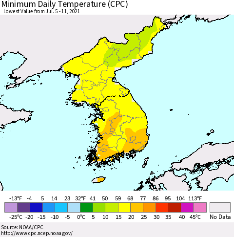 Korea Minimum Daily Temperature (CPC) Thematic Map For 7/5/2021 - 7/11/2021