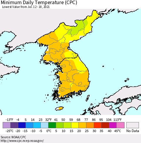 Korea Minimum Daily Temperature (CPC) Thematic Map For 7/12/2021 - 7/18/2021