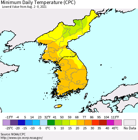 Korea Minimum Daily Temperature (CPC) Thematic Map For 8/2/2021 - 8/8/2021